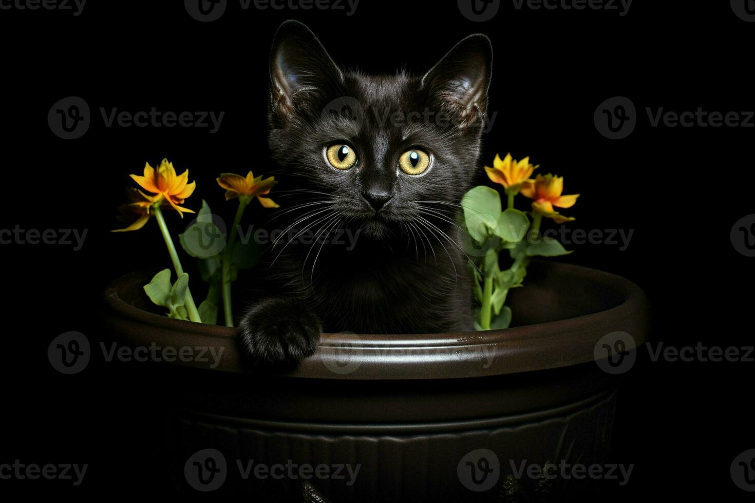 retrato de un linda gato en un maceta en un negro antecedentes. ai generado Pro foto