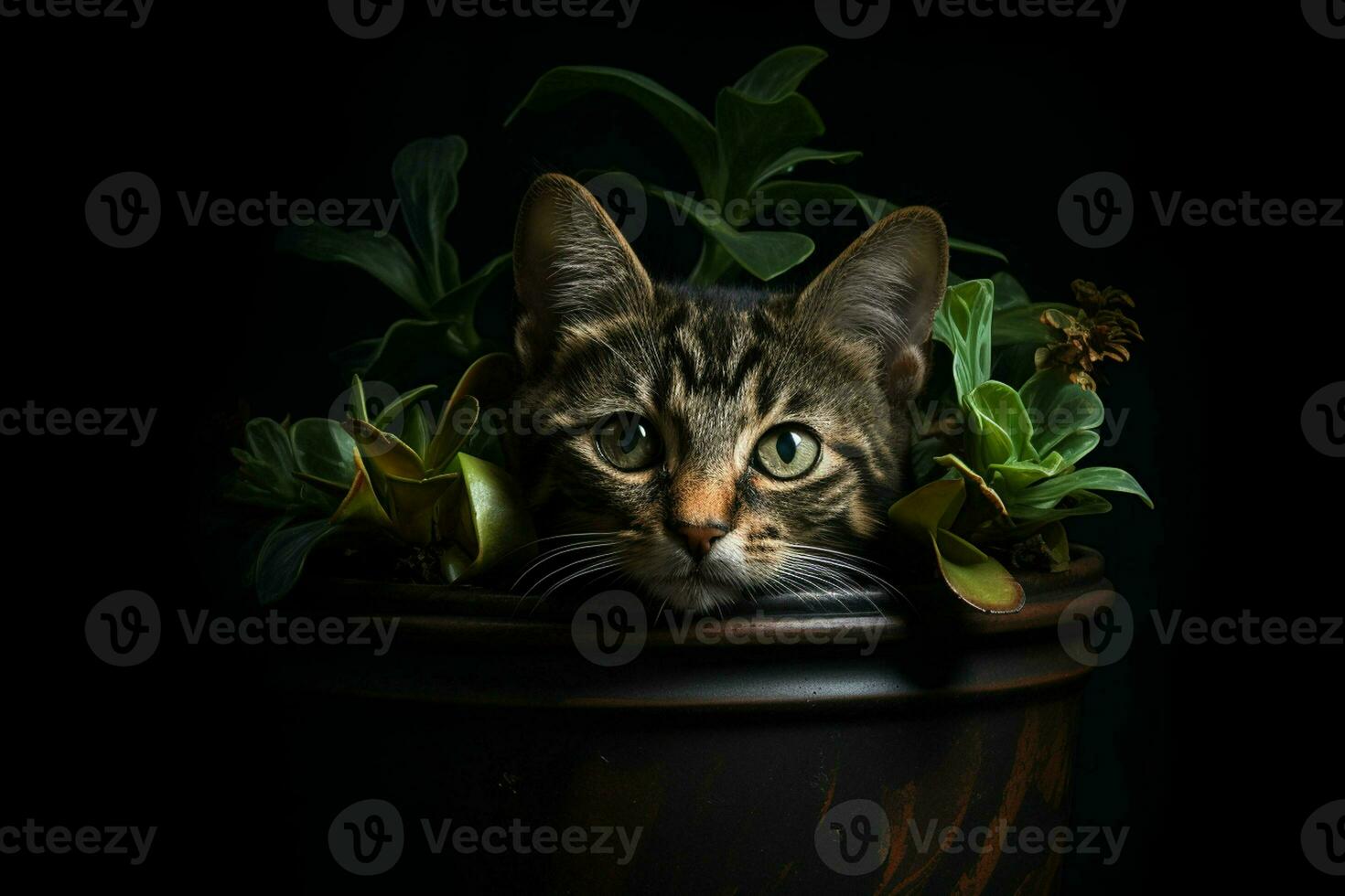 Portrait of a cute cat in a pot on a black background. ai generated pro photo