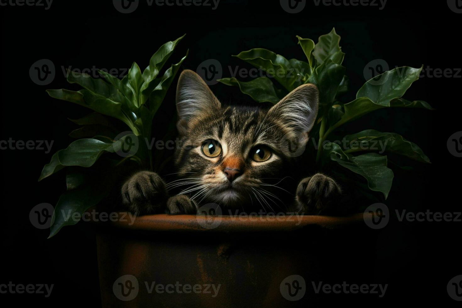 Portrait of a cute cat in a pot on a black background. ai generated pro photo