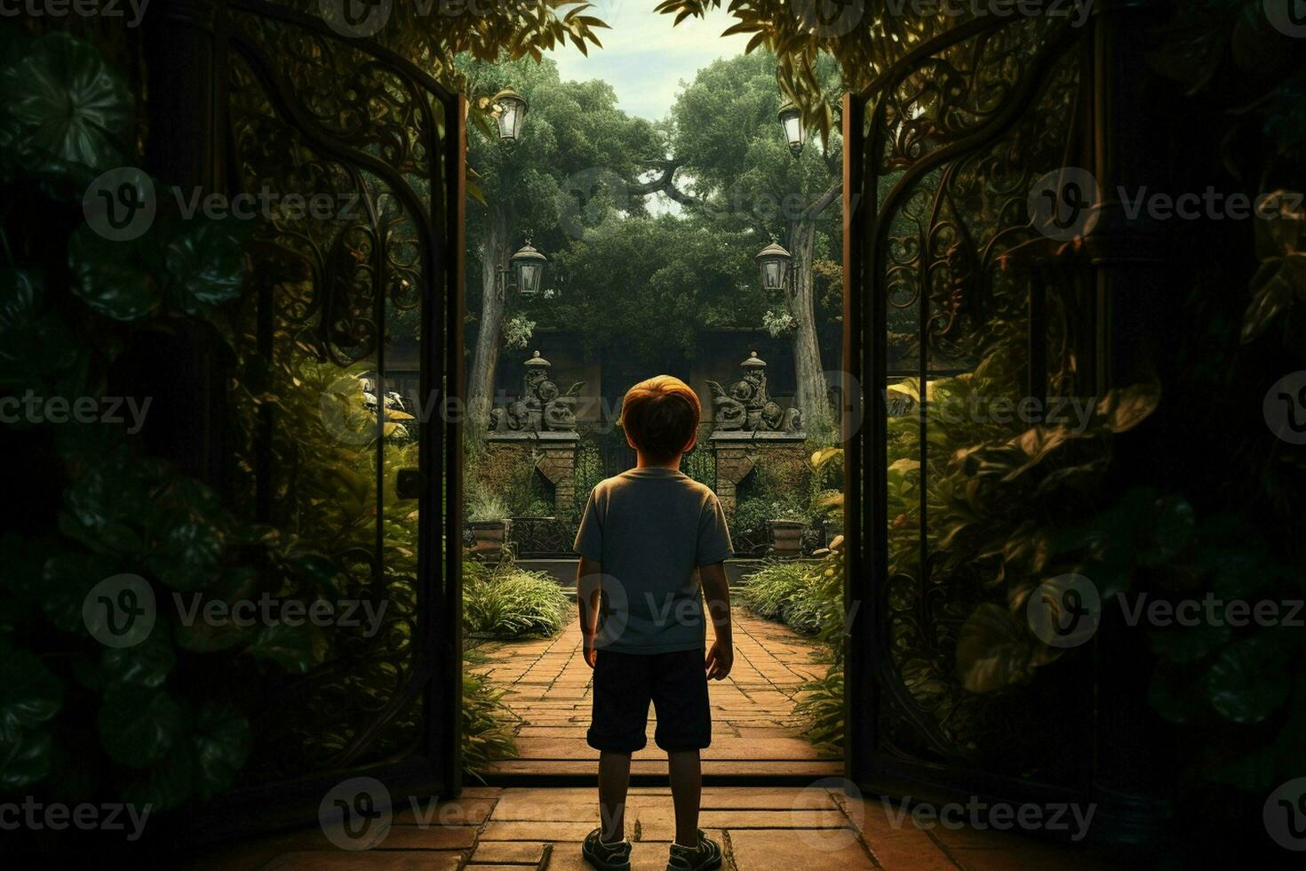 Back view of a boy standing in front of a gate. ai generated pro photo