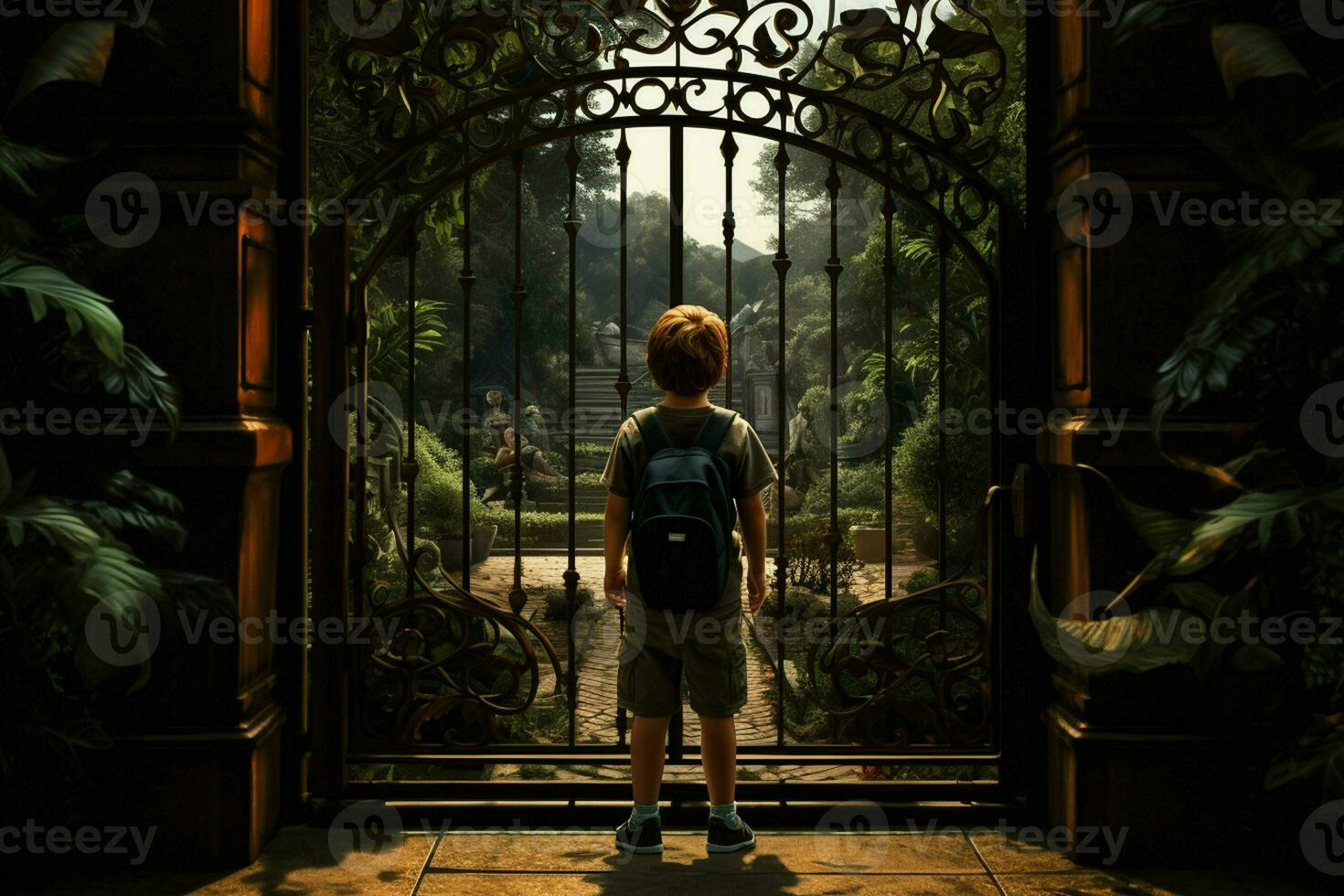 Back view of a boy standing in front of a gate. ai generated pro photo