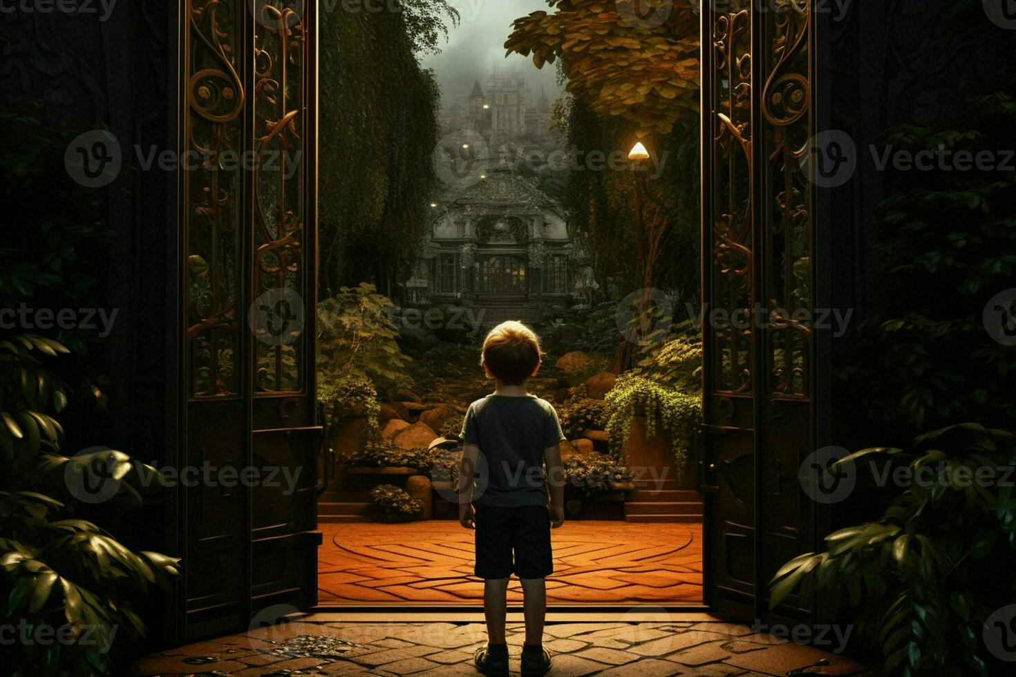 Back view of a boy standing in front of a gate. ai generated pro photo