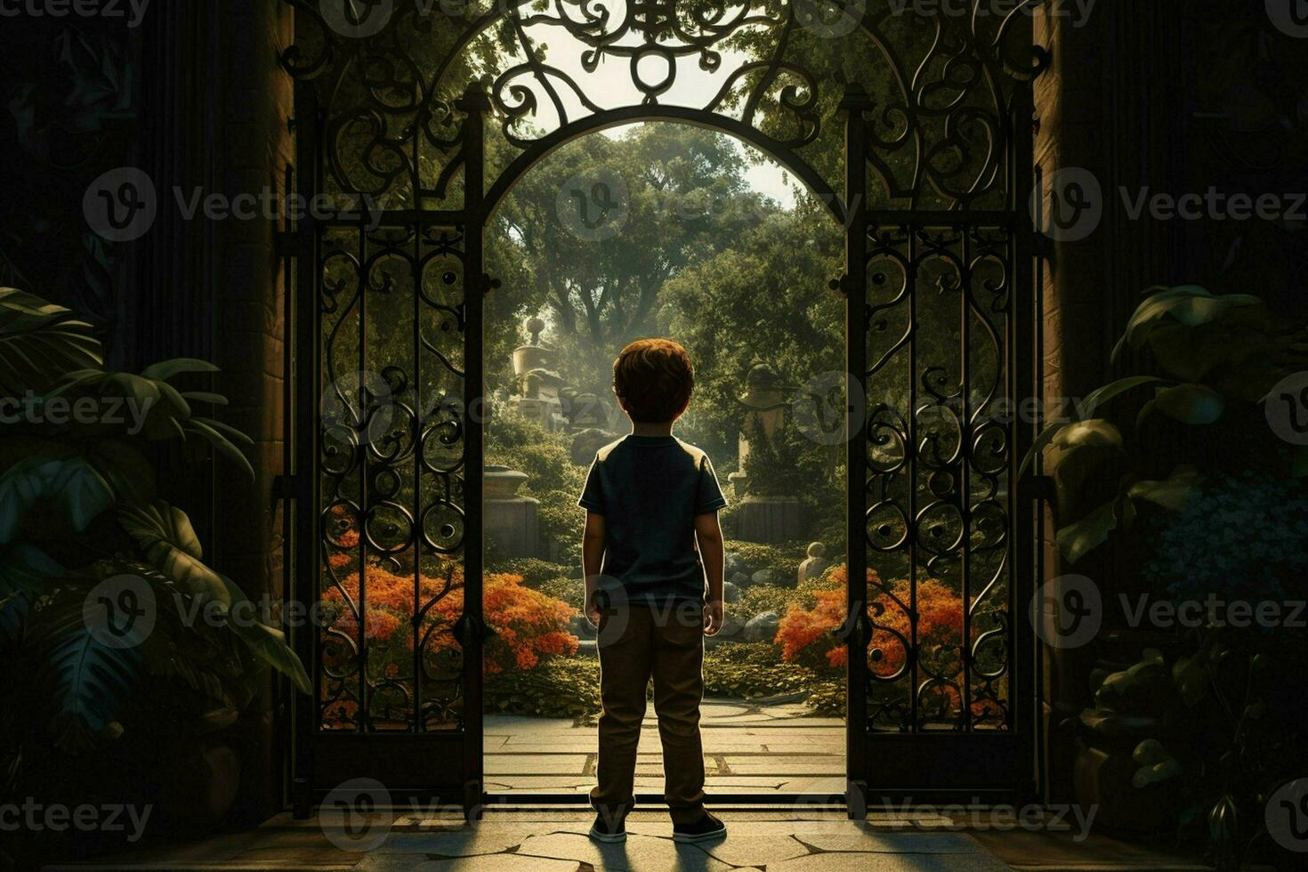 Back view of a boy standing in front of a gate. ai generated pro photo