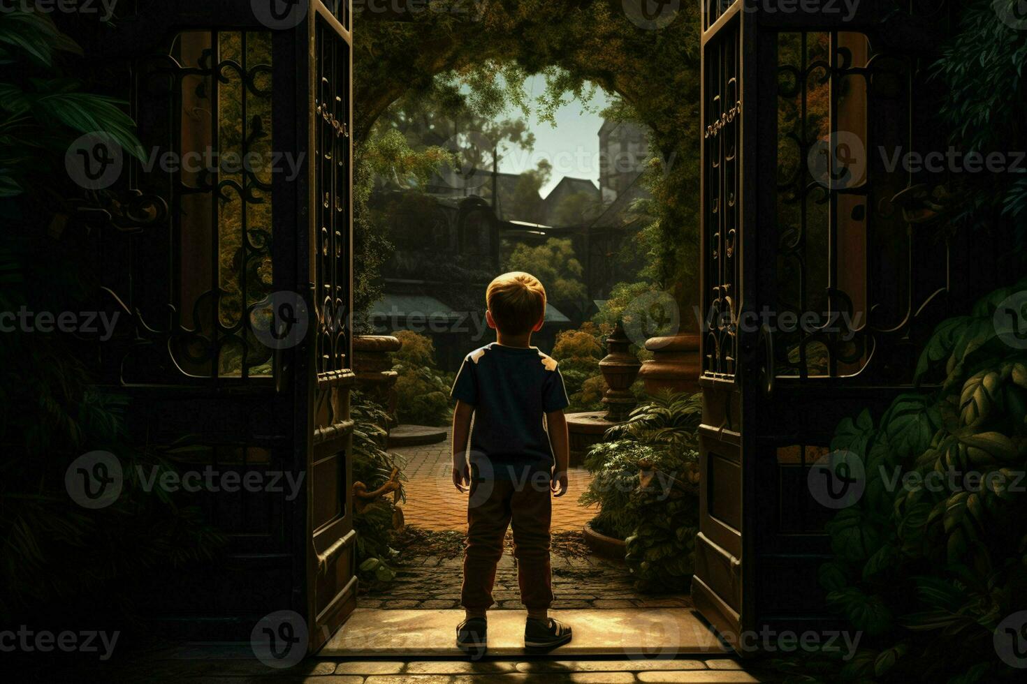 Back view of a boy standing in front of a gate. ai generated pro photo