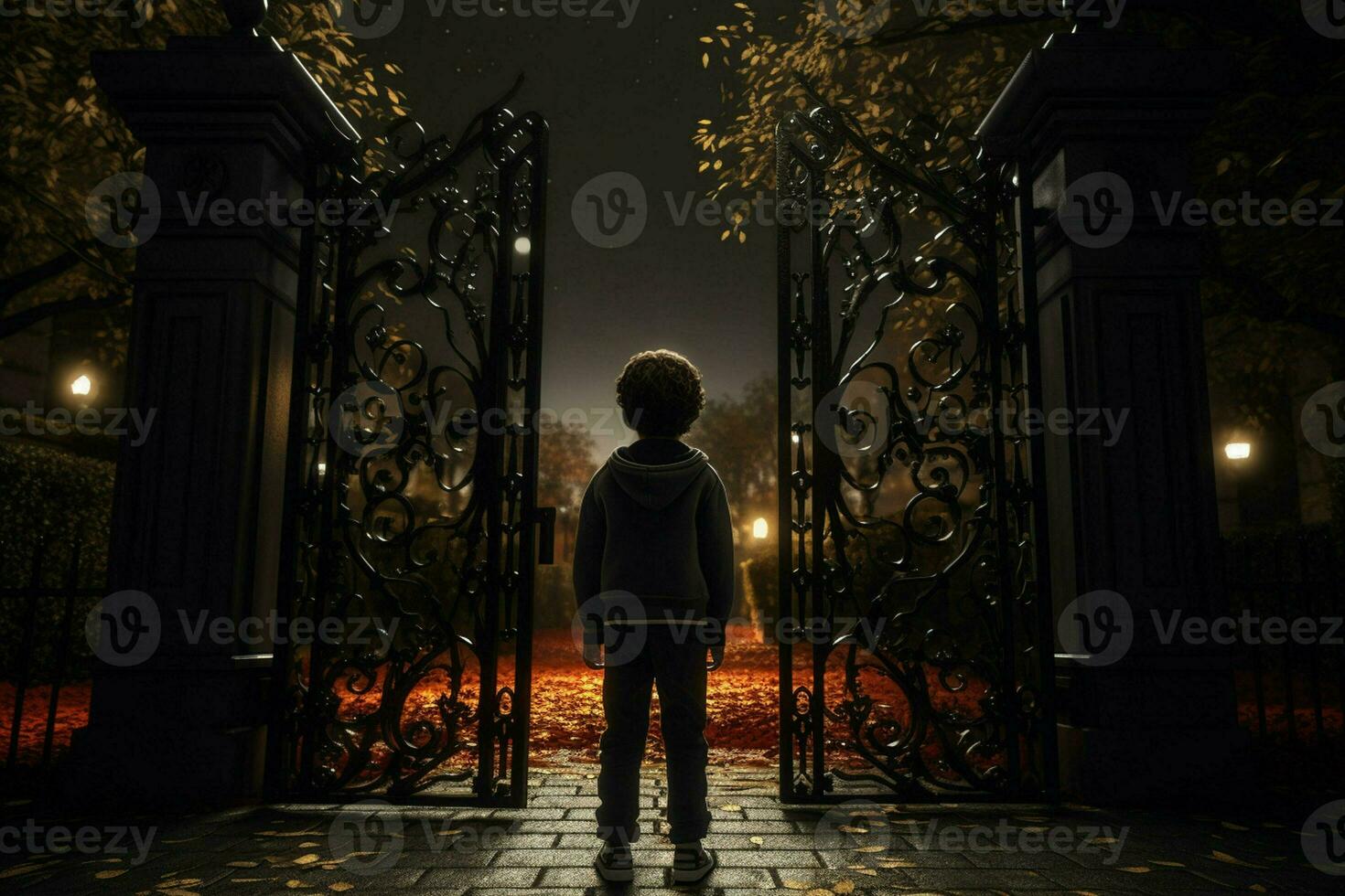 Back view of a boy standing in front of a gate. ai generated pro photo