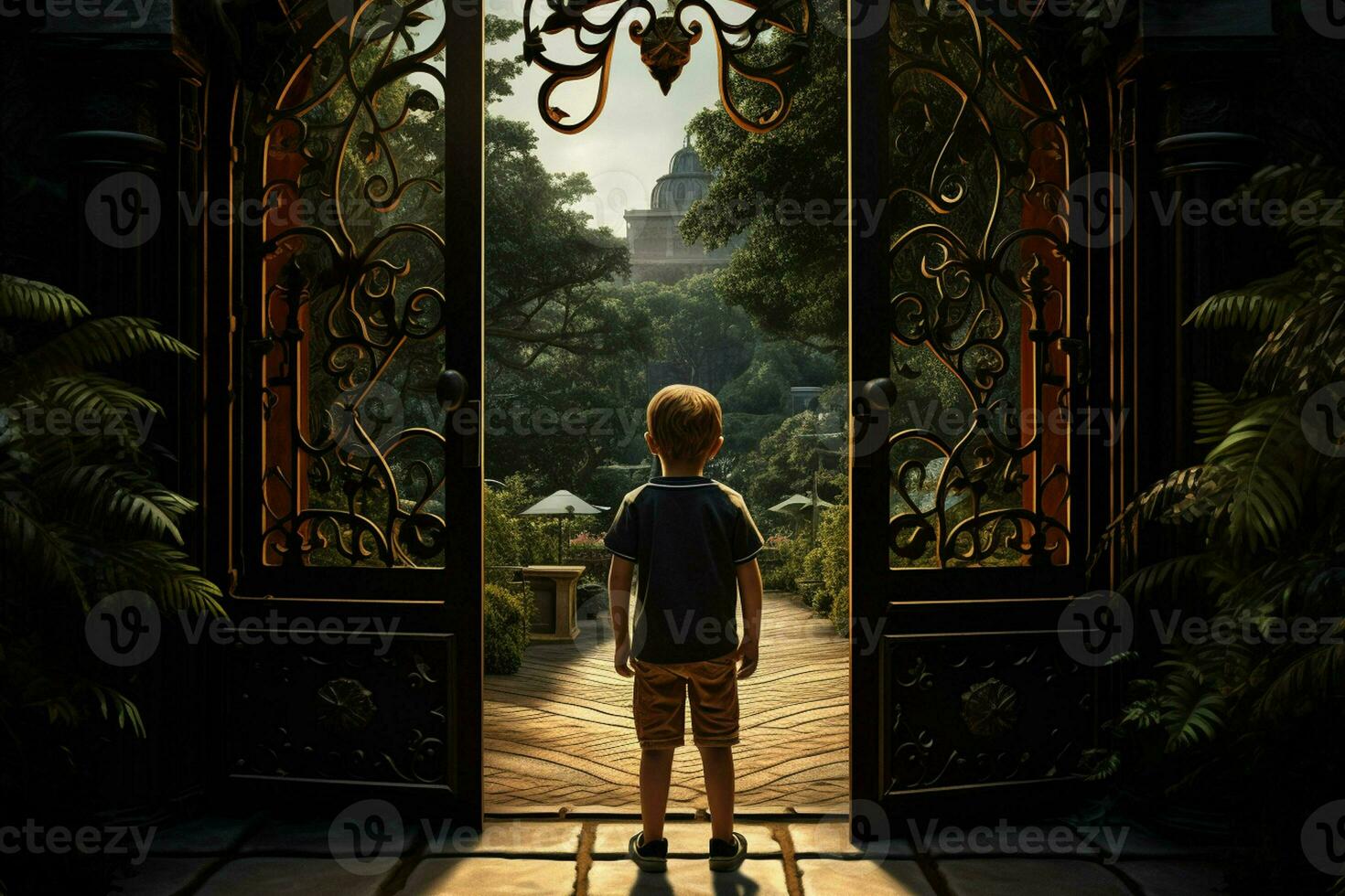 Back view of a boy standing in front of a gate. ai generated pro photo