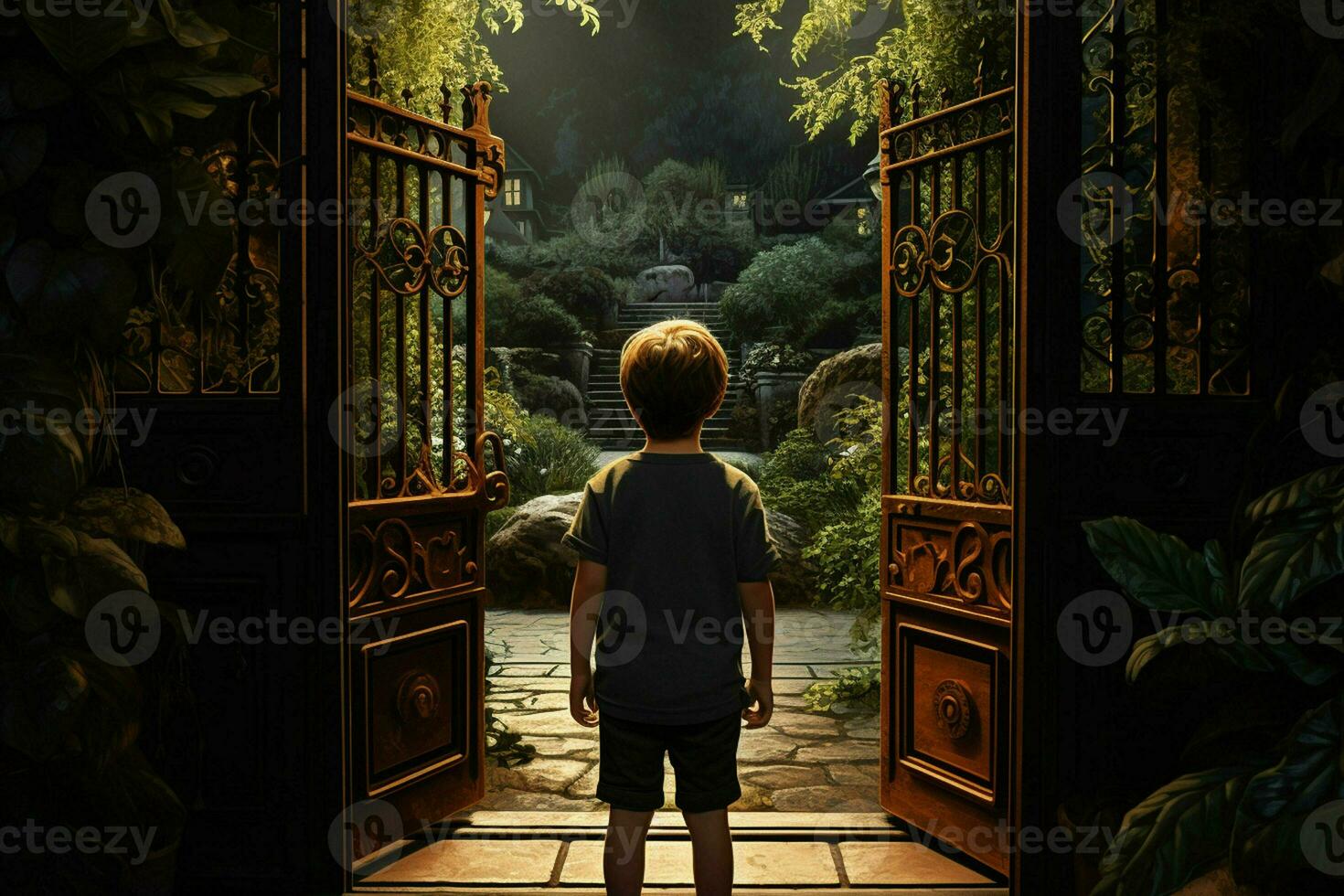 Back view of a boy standing in front of a gate. ai generated pro photo