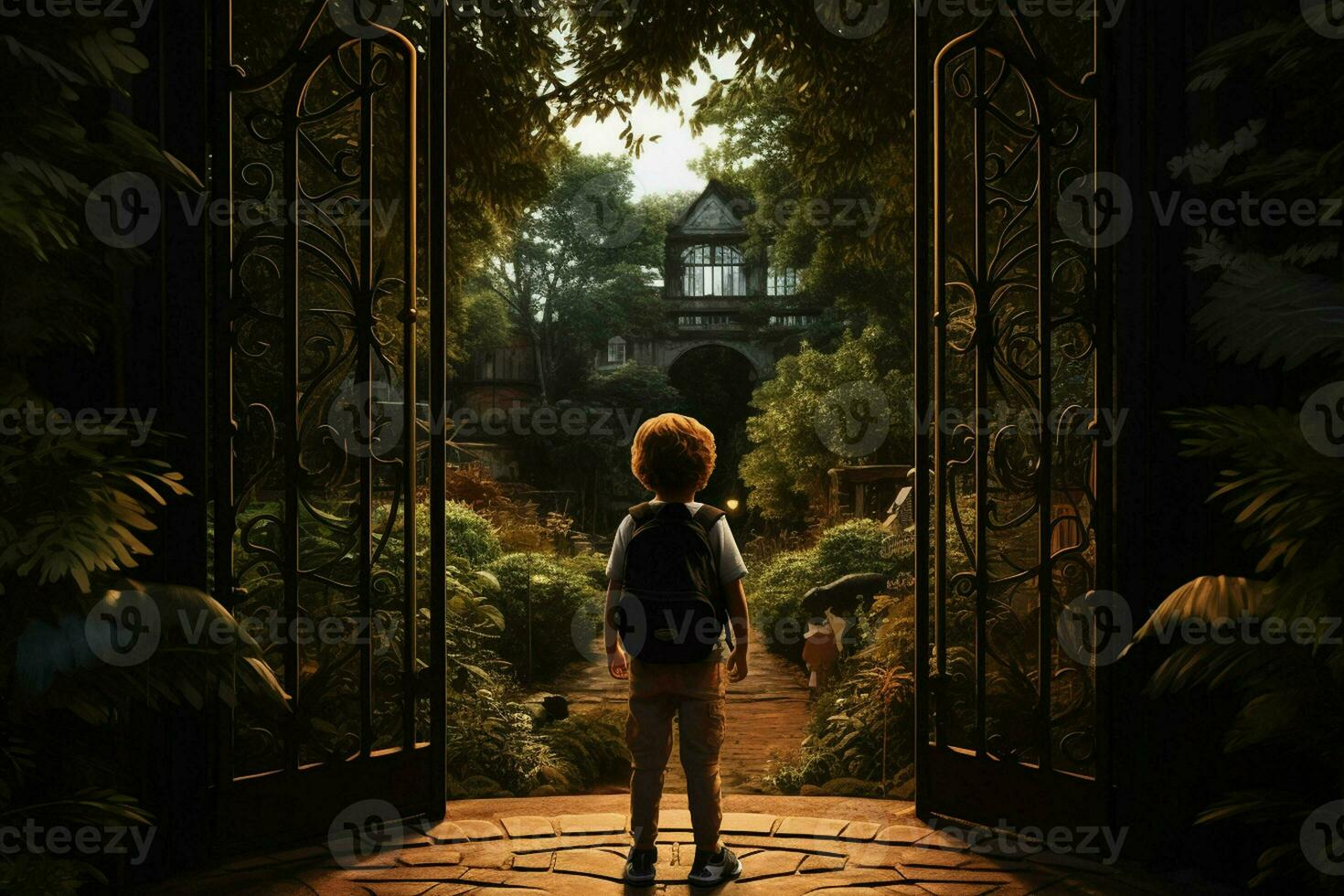 Back view of a boy standing in front of a gate. ai generated pro photo