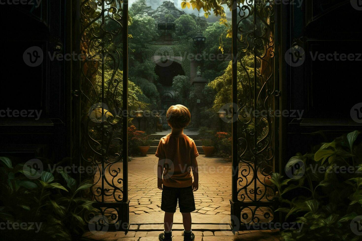 Back view of a boy standing in front of a gate. ai generated pro photo