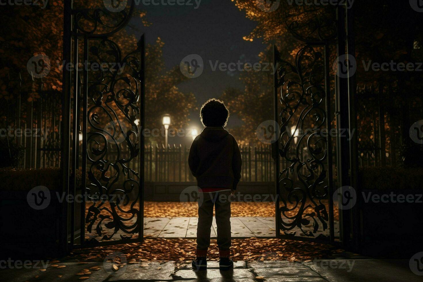 Back view of a boy standing in front of a gate. ai generated pro photo