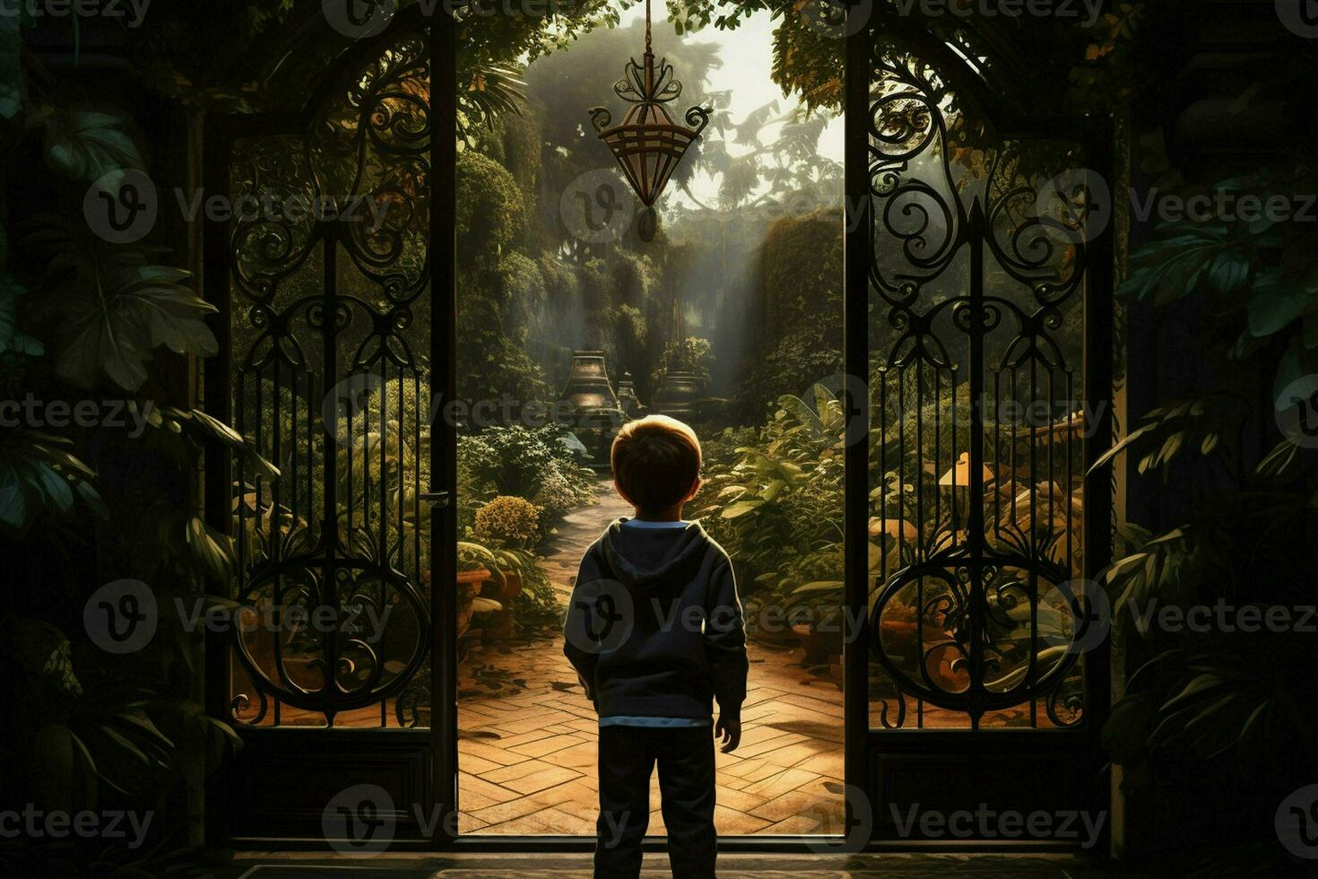 Back view of a boy standing in front of a gate. AI generated pro photo