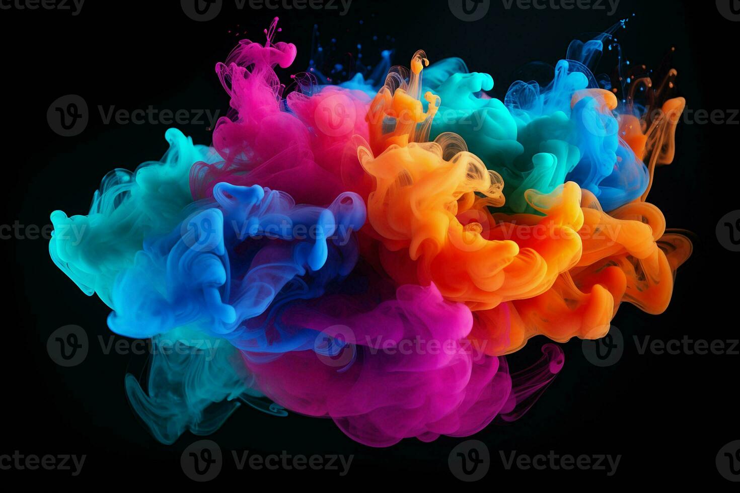 abstract background of colored smoke in water on a black isolated background. Tropical garden with flowers and plants under the snow. AI generated pro photo