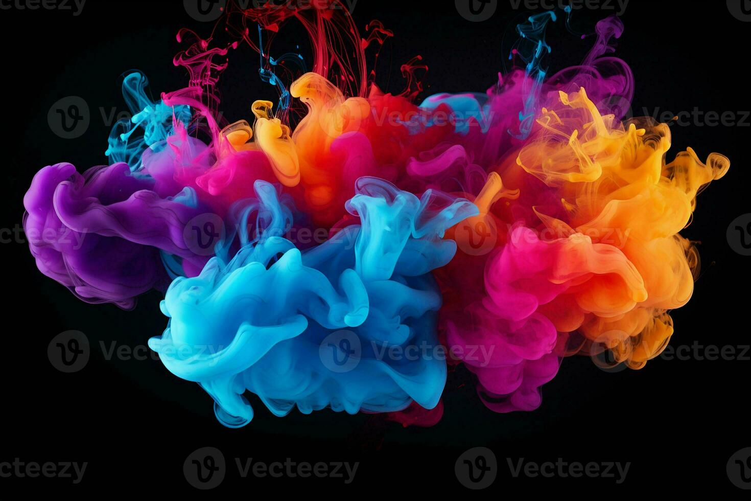 abstract background of colored smoke in water on a black isolated background. Tropical garden with flowers and plants under the snow. AI generated pro photo