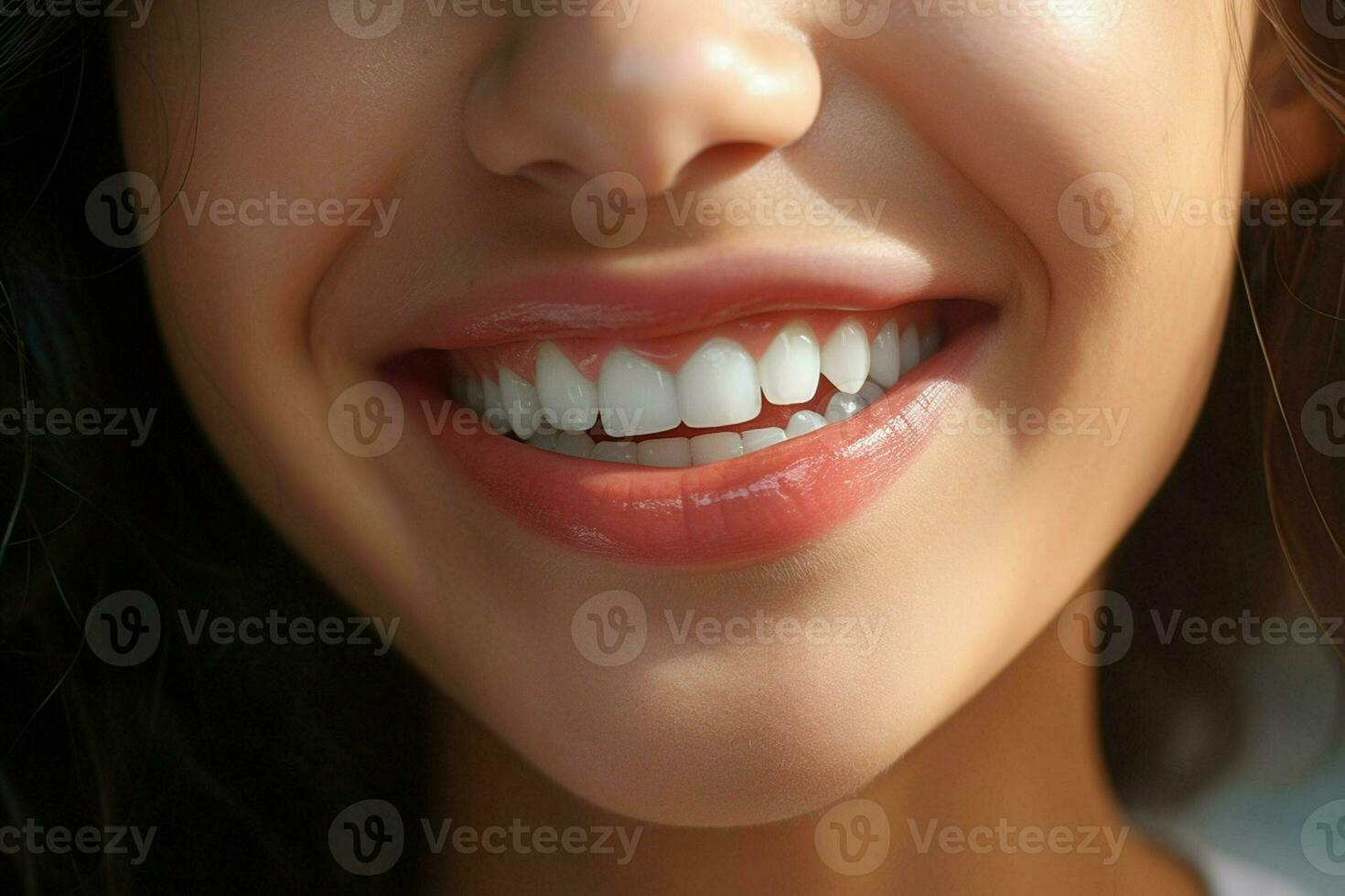 joven mujer con hermosa sano sonrisa, de cerca. dental cuidado. ai generado Pro foto