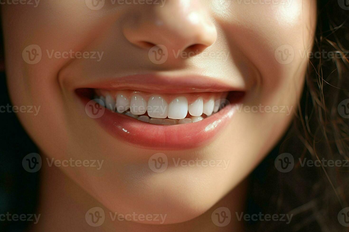 joven mujer con hermosa sano sonrisa, de cerca. dental cuidado. ai generado Pro foto