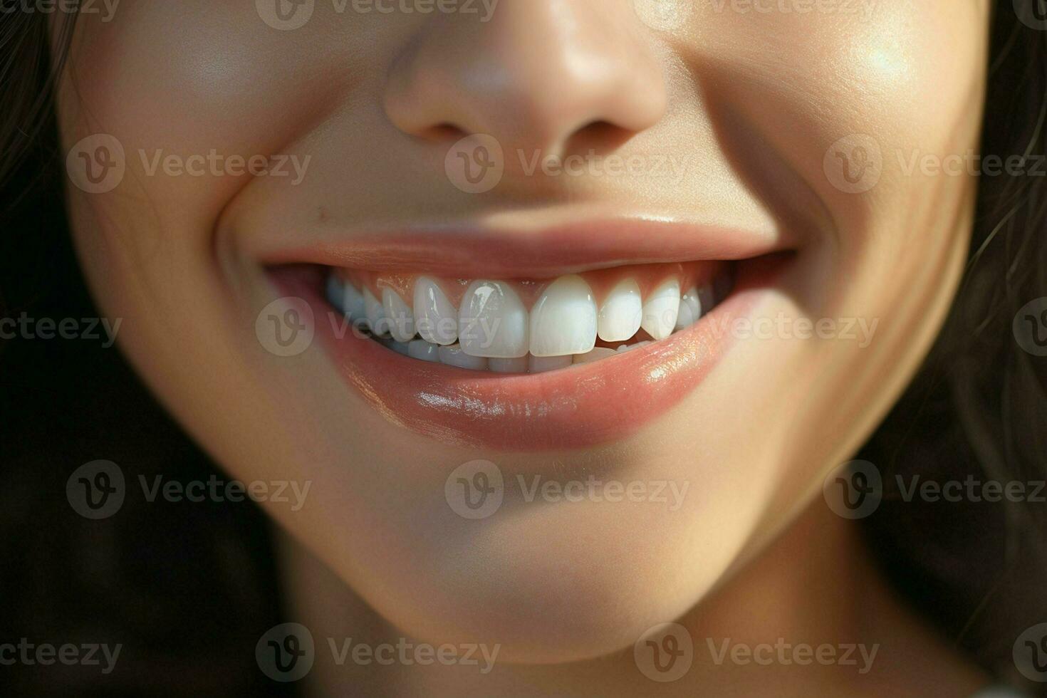 joven mujer con hermosa sano sonrisa, de cerca. dental cuidado. ai generado Pro foto