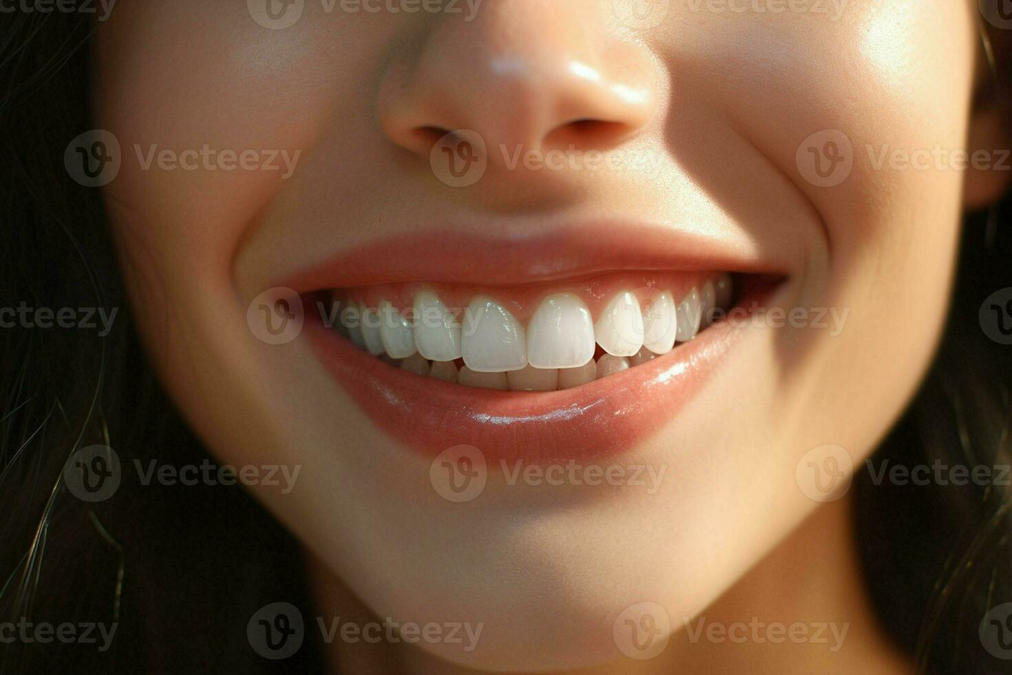 joven mujer con hermosa sano sonrisa, de cerca. dental cuidado. ai generado Pro foto