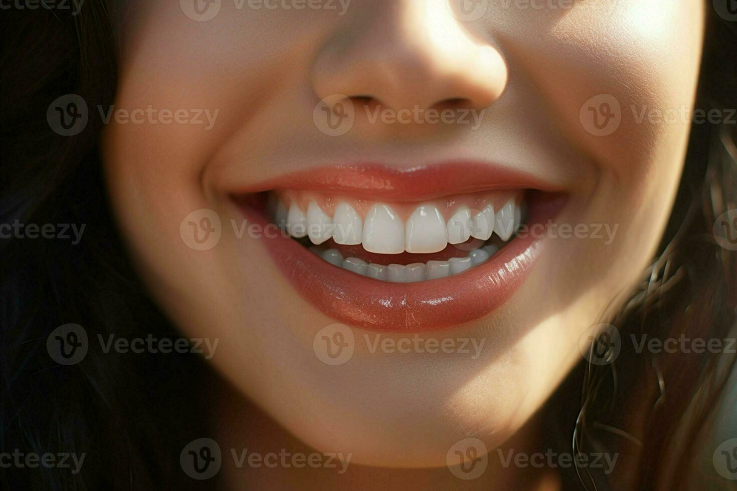 joven mujer con hermosa sano sonrisa, de cerca. dental cuidado. ai generado Pro foto