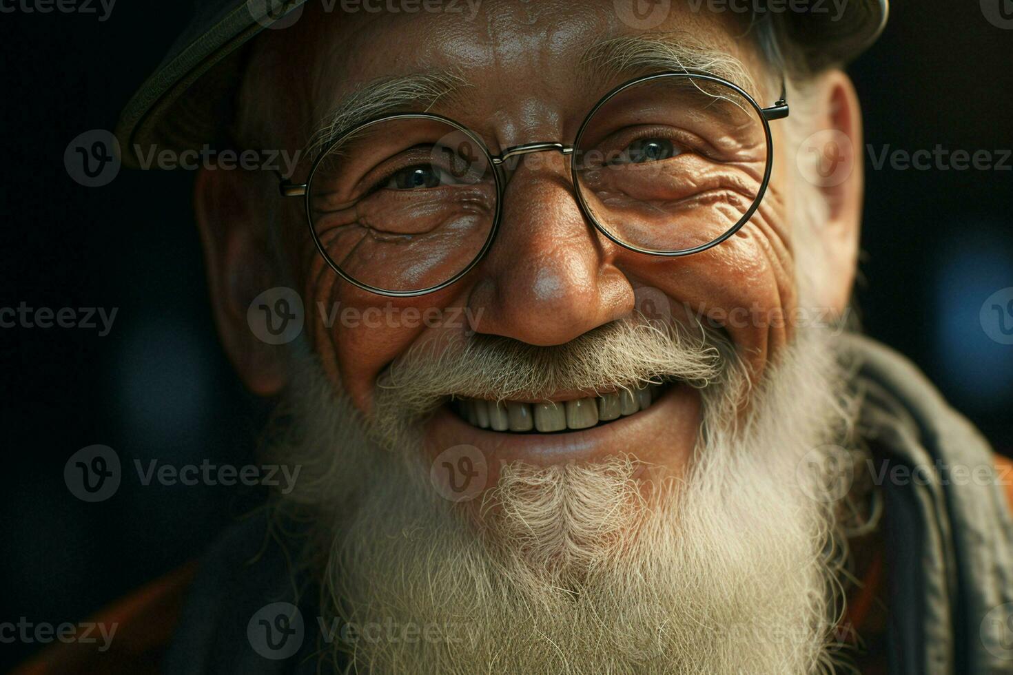 Close-up portrait of a happy senior man with white beard. ai generated pro photo