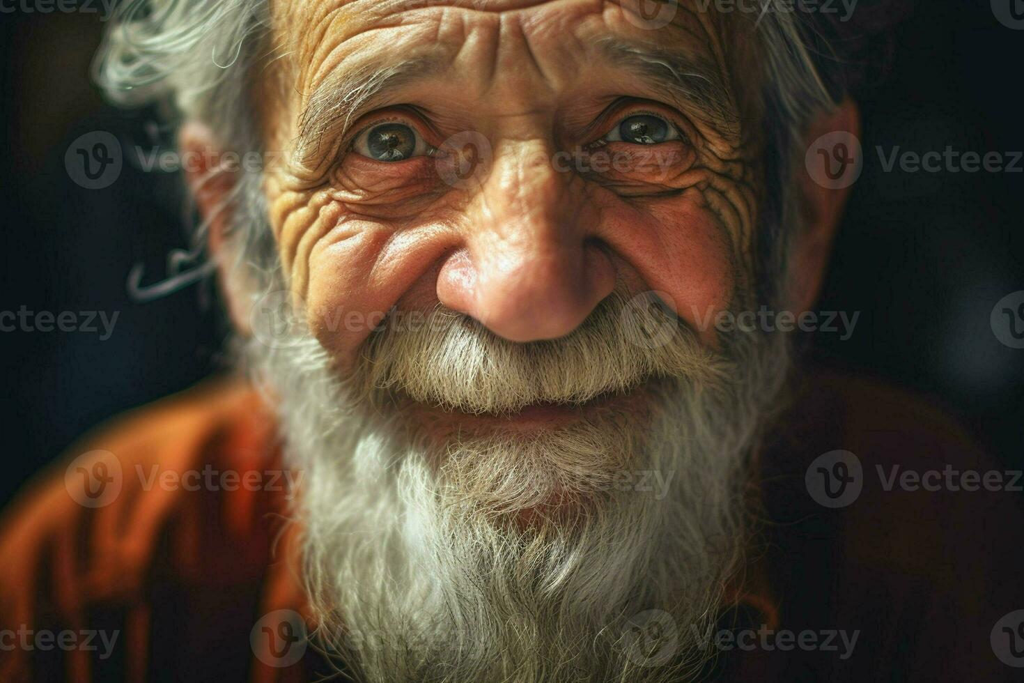 Close-up portrait of a happy senior man with white beard. ai generated pro photo