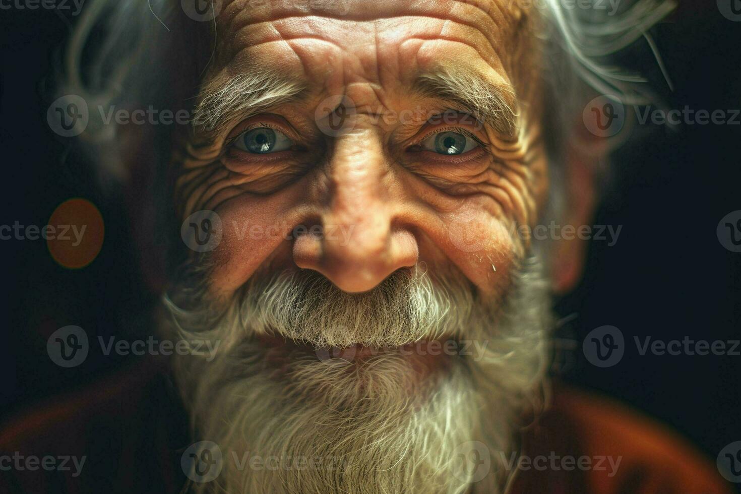 Close-up portrait of a happy senior man with white beard. ai generated pro photo