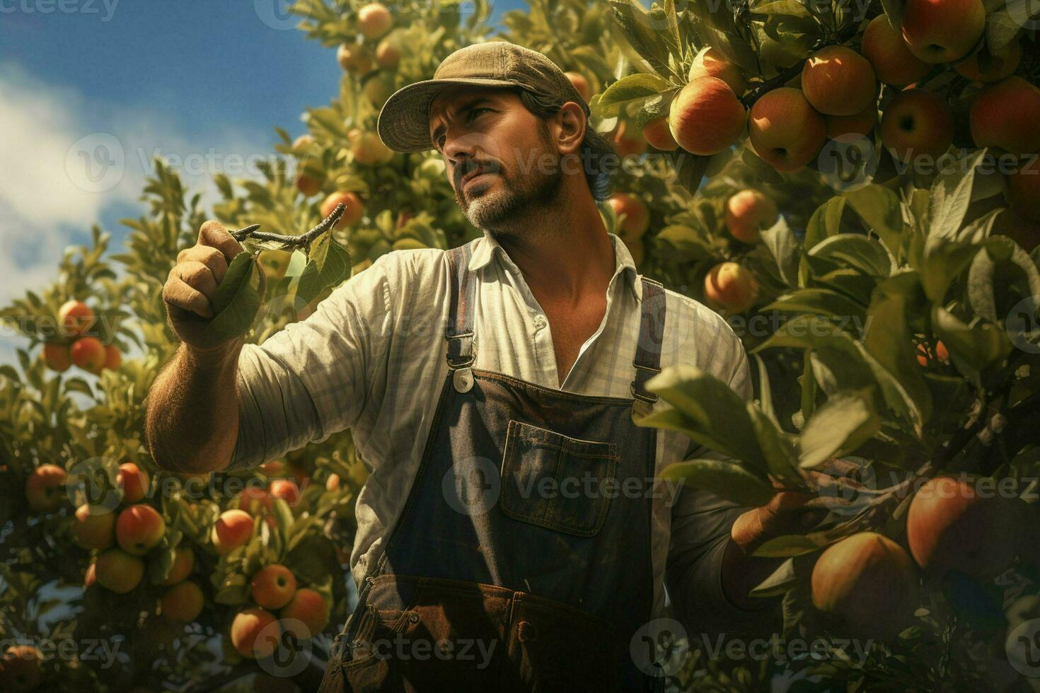 Farmer harvesting apples in orchard on sunny day. Male gardener picking apples in orchard. ai generated pro photo