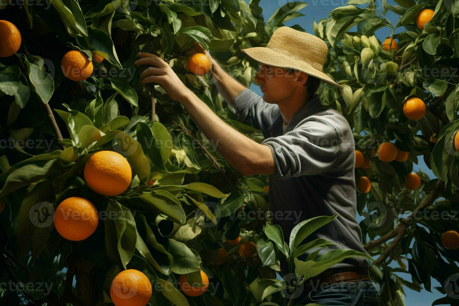 Farmer harvesting oranges on a citrus tree in Sicily, Italy. ai generated pro photo