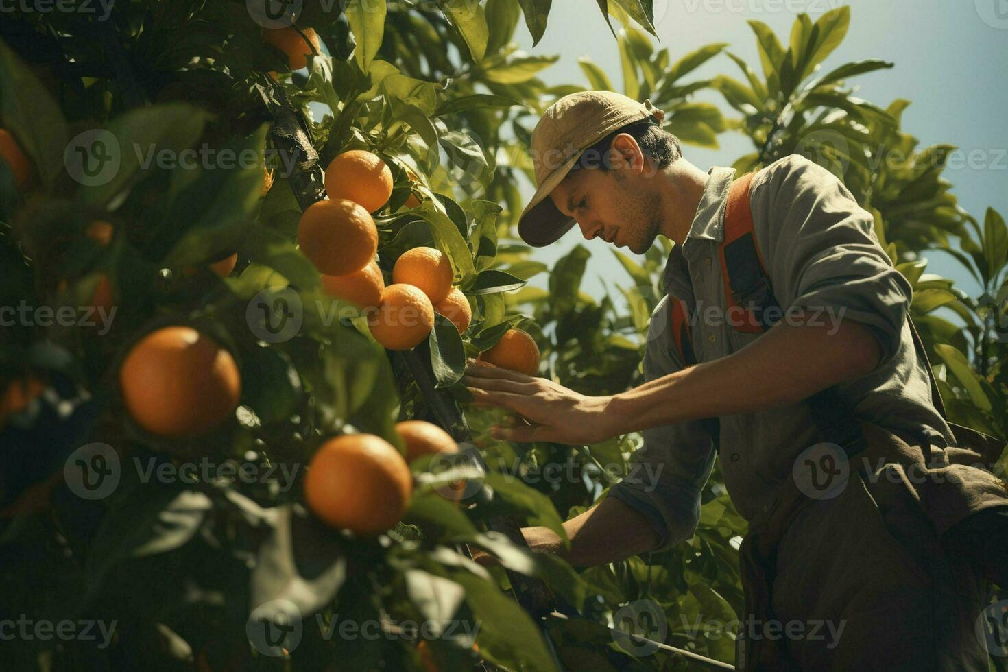 Farmer harvesting oranges on a citrus tree in Sicily, Italy. ai generated pro photo