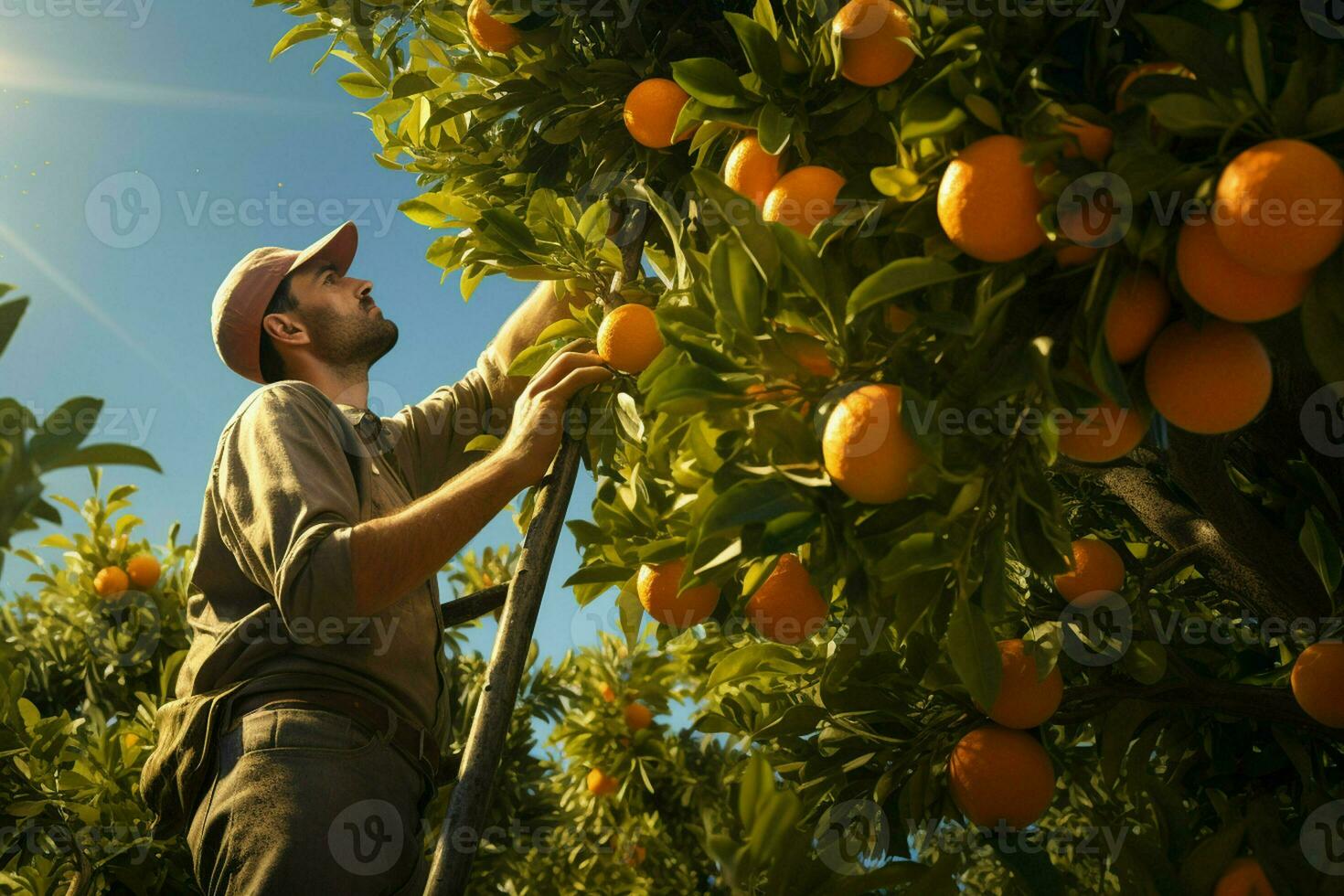 Farmer harvesting oranges on a citrus tree in Sicily, Italy. ai generated pro photo
