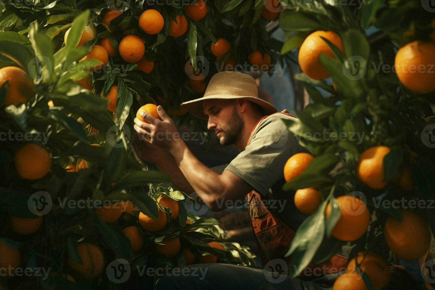 Farmer harvesting oranges on a citrus tree in Sicily, Italy. ai generated pro photo