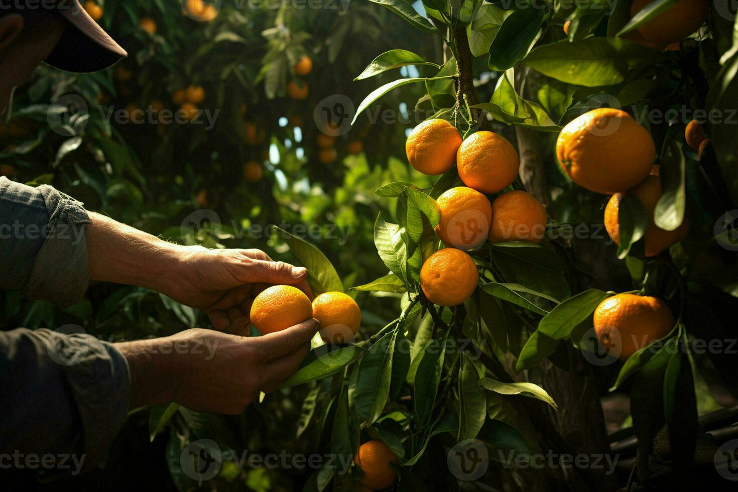 Farmer harvesting oranges on a citrus tree in Sicily, Italy. ai generated pro photo