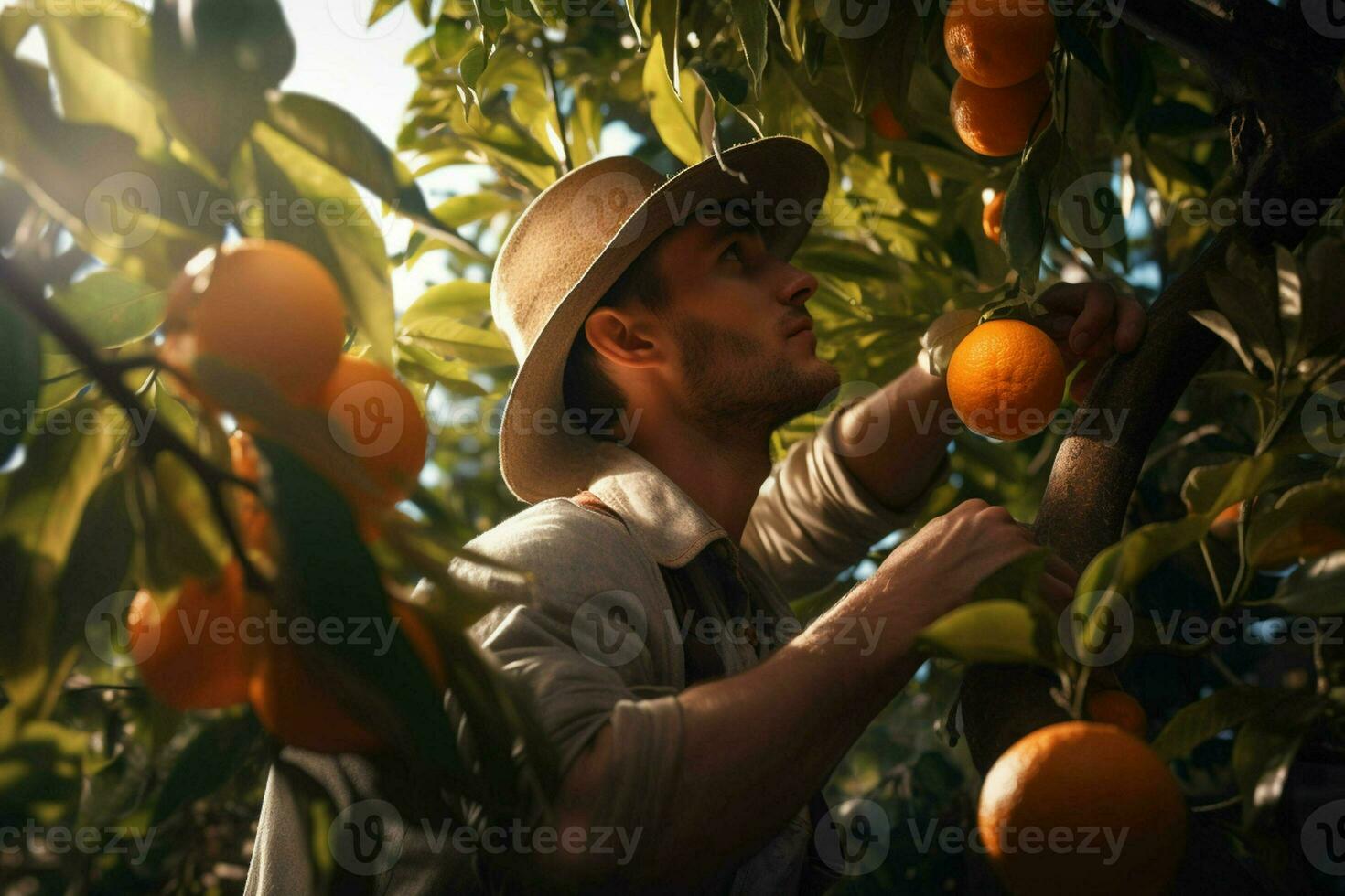 Farmer harvesting oranges on a citrus tree in Sicily, Italy. ai generated pro photo