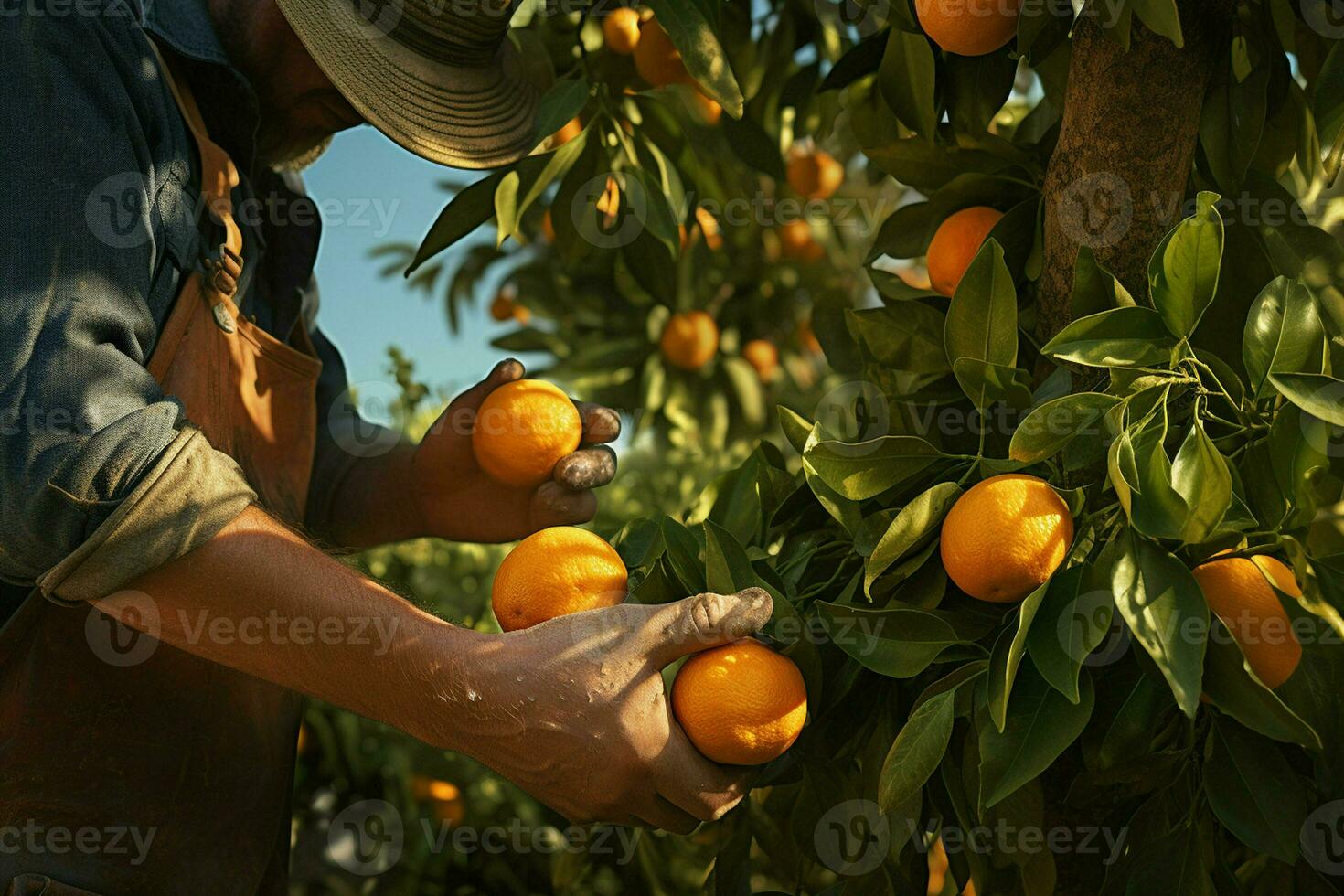Farmer harvesting oranges on a citrus tree in Sicily, Italy. ai generated pro photo