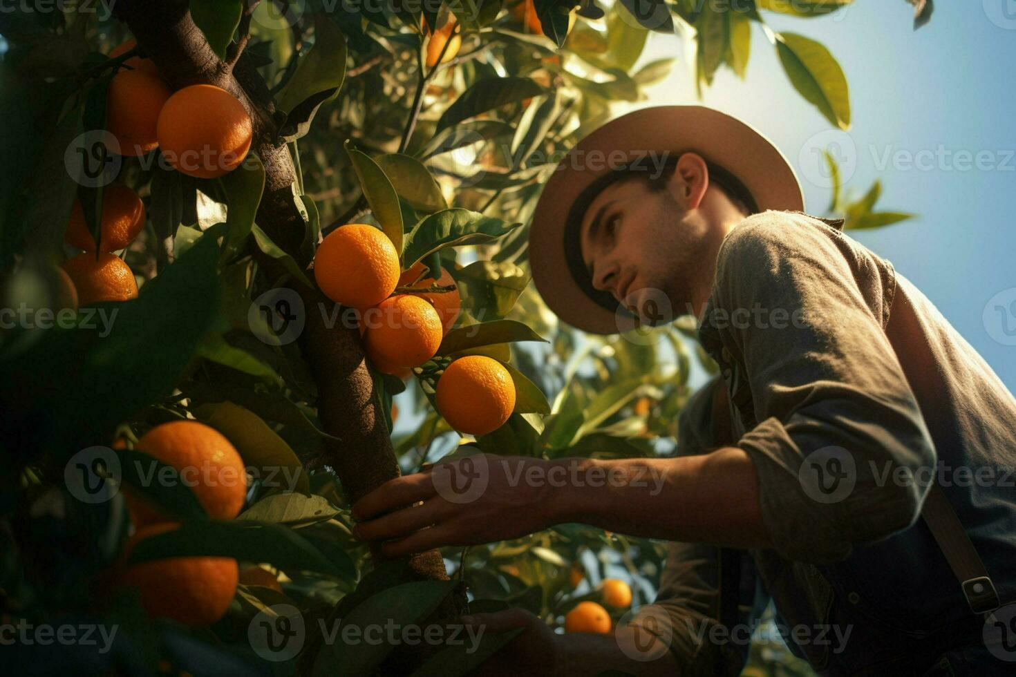 Farmer harvesting oranges on a citrus tree in Sicily, Italy. ai generated pro photo