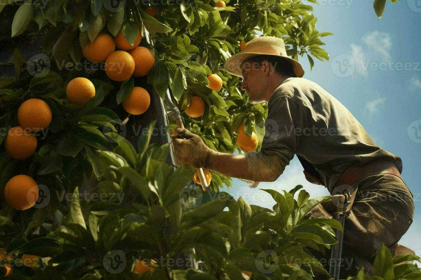 Farmer harvesting oranges on a citrus tree in Sicily, Italy. ai generated pro photo