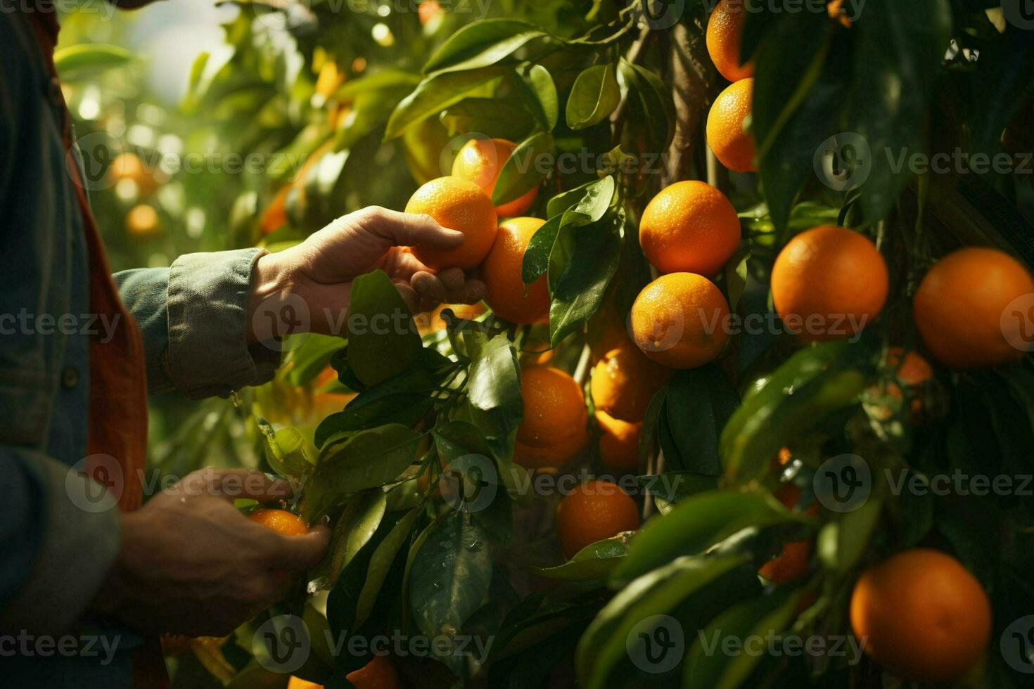 Farmer harvesting oranges on a citrus tree in Sicily, Italy. ai generated pro photo