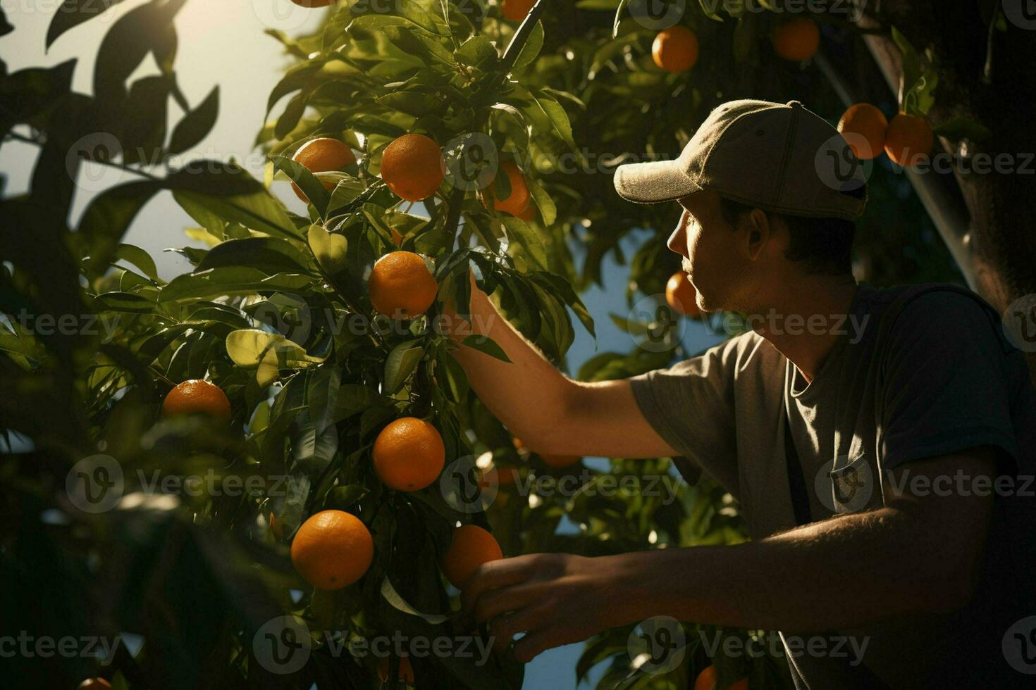 Farmer harvesting oranges on a citrus tree in Sicily, Italy. ai generated pro photo