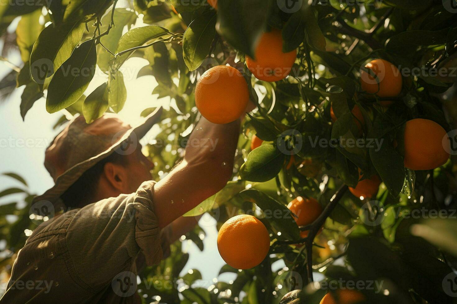 Farmer harvesting oranges on a citrus tree in Sicily, Italy. ai generated pro photo