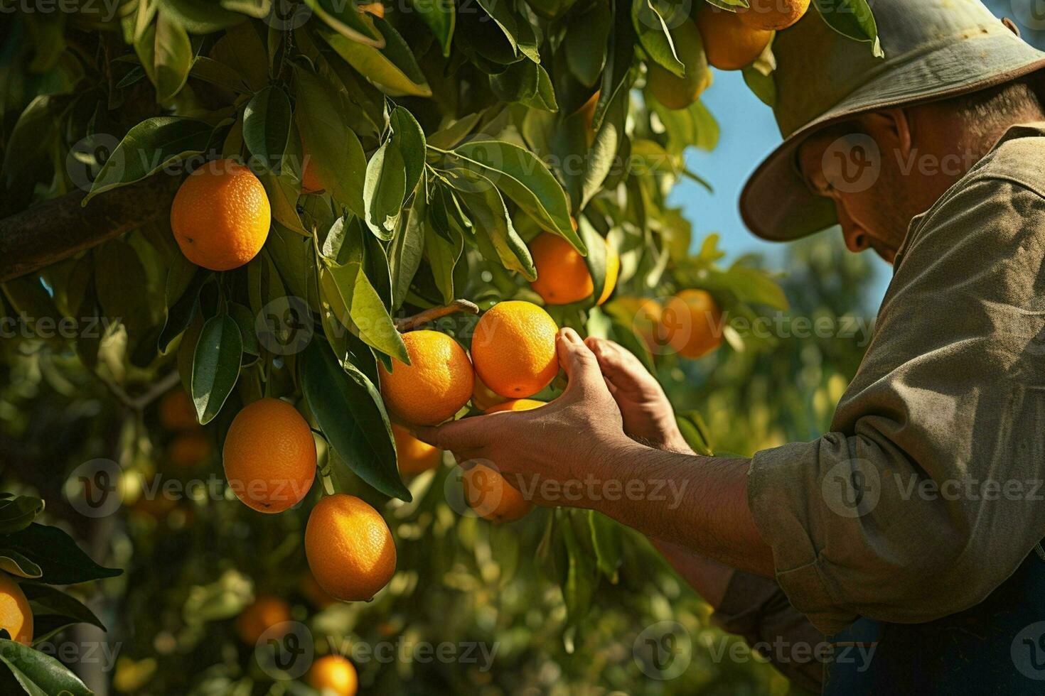 Farmer harvesting oranges on a citrus tree in Sicily, Italy. ai generated pro photo