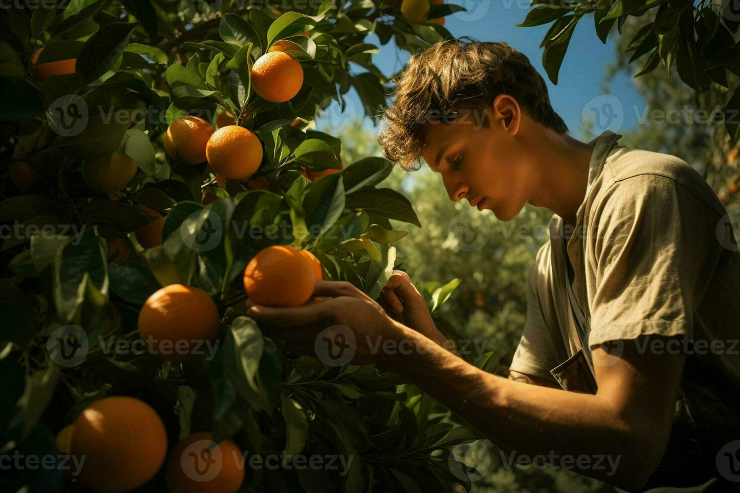 Farmer harvesting oranges on a citrus tree in Sicily, Italy. ai generated pro photo