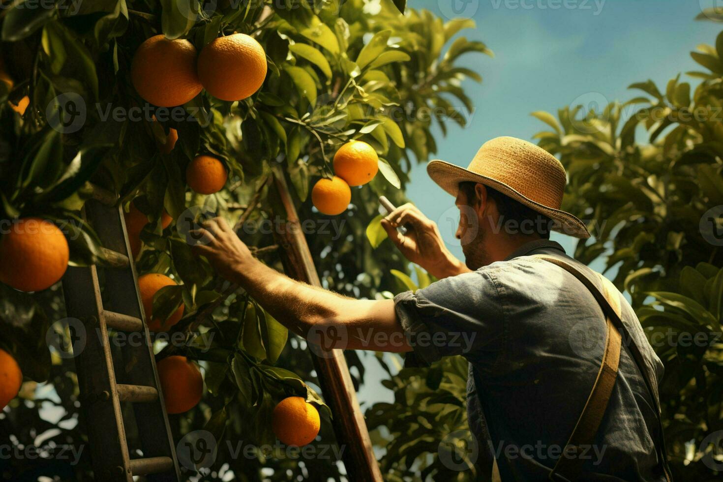 Farmer harvesting oranges on a citrus tree in Sicily, Italy. ai generated pro photo