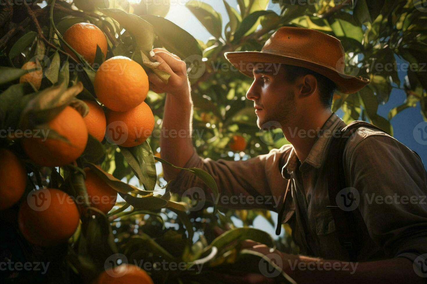 Farmer harvesting oranges on a citrus tree in Sicily, Italy. ai generated pro photo
