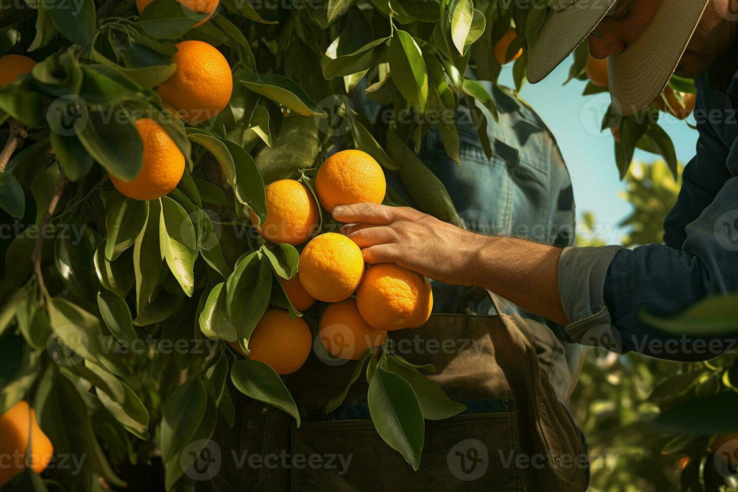 Farmer harvesting oranges on a citrus tree in Sicily, Italy. ai generated pro photo