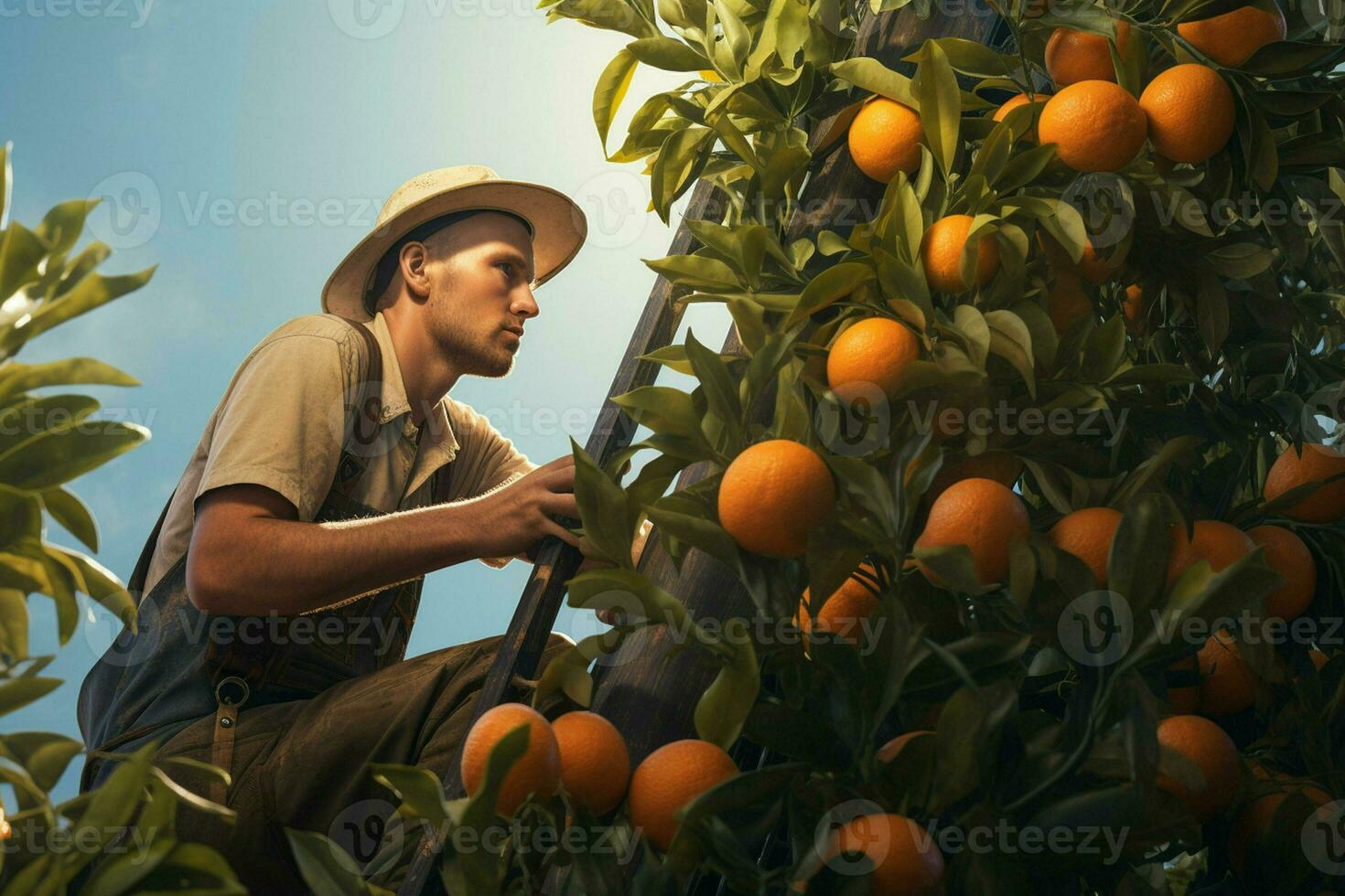 Farmer harvesting oranges on a citrus tree in Sicily, Italy. ai generated pro photo
