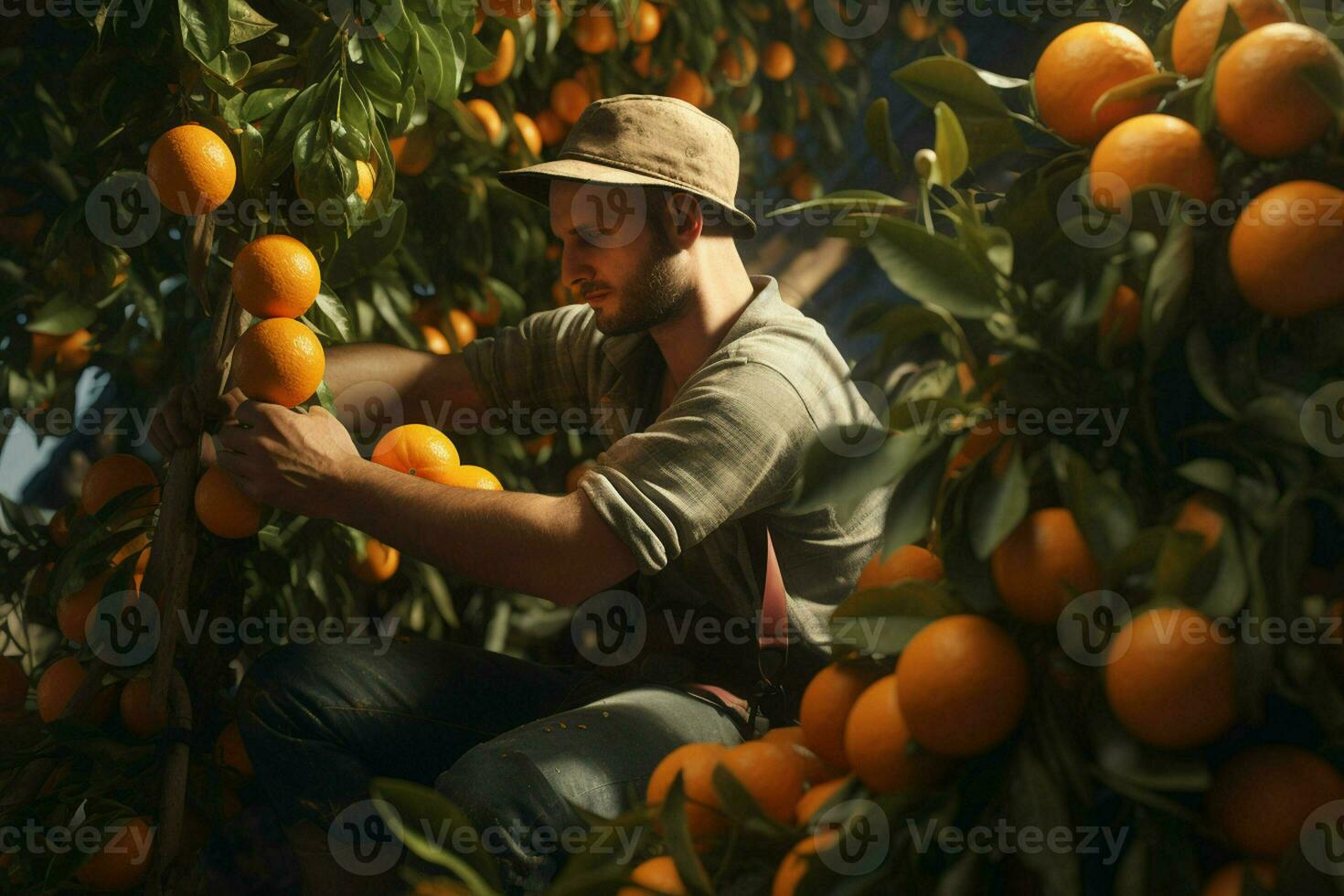 Farmer harvesting oranges on a citrus tree in Sicily, Italy. ai generated pro photo
