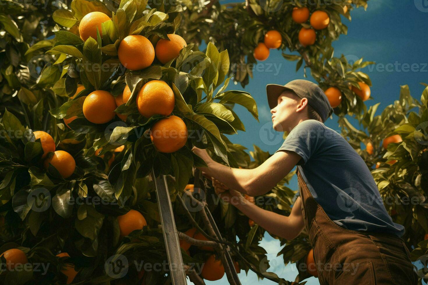 Farmer harvesting oranges on a citrus tree in Sicily, Italy. ai generated pro photo