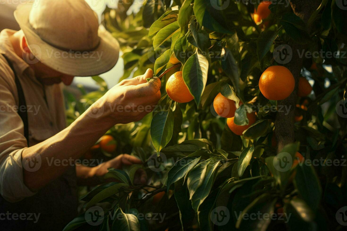 Farmer harvesting oranges on a citrus tree in Sicily, Italy. ai generated pro photo