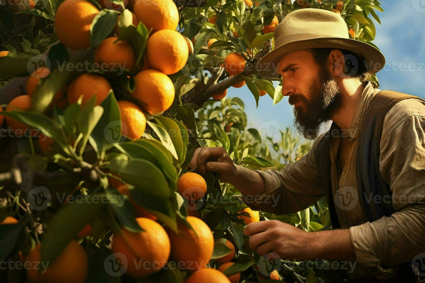 Farmer harvesting oranges on a citrus tree in Sicily, Italy. ai generated pro photo