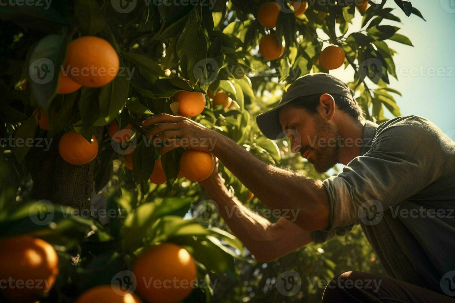 Farmer harvesting oranges on a citrus tree in Sicily, Italy. ai generated pro photo