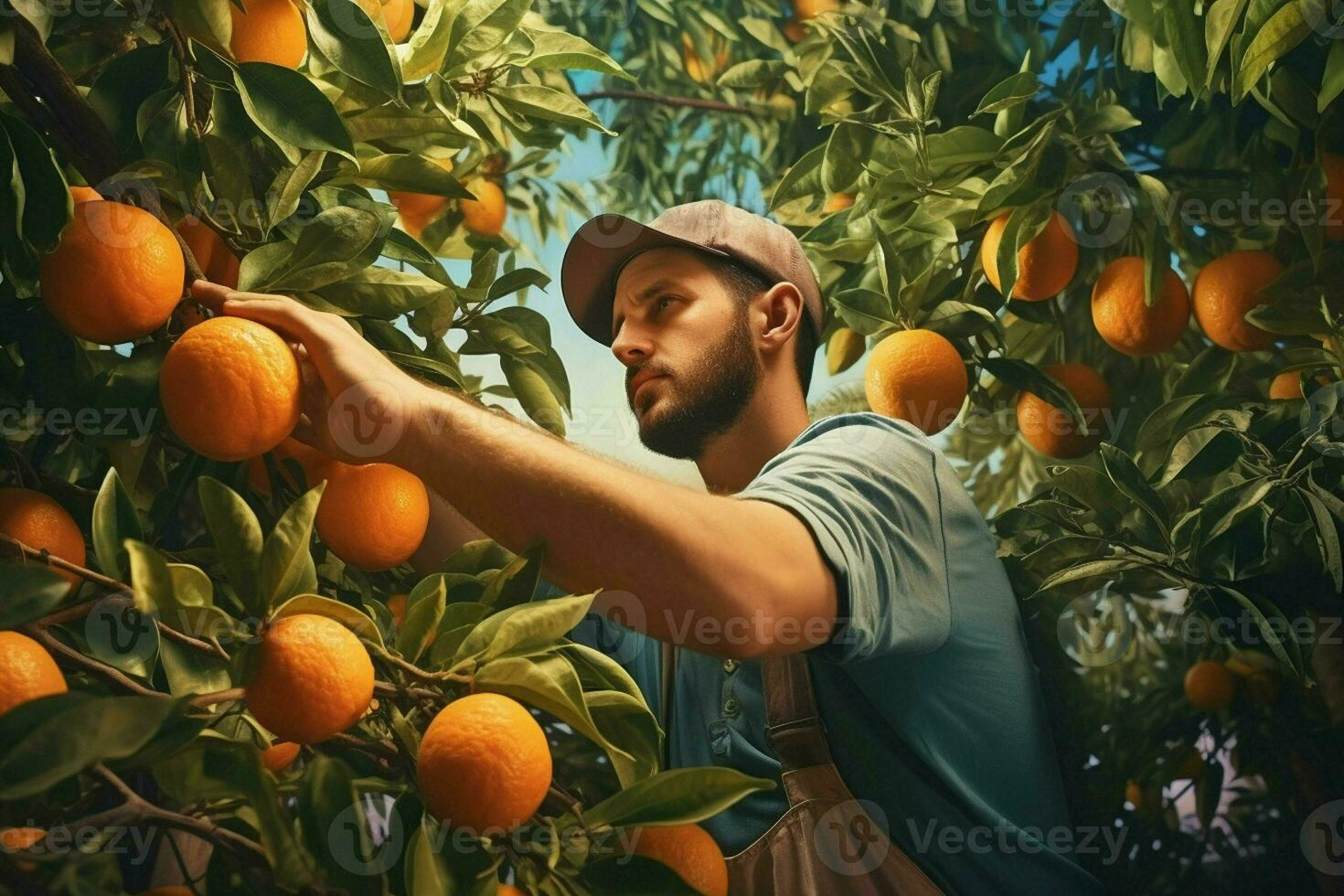 Farmer harvesting oranges on a citrus tree in Sicily, Italy. ai generated pro photo